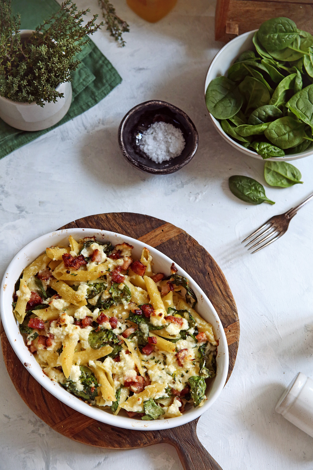 Zapekané tvarohové cestoviny so špenátom